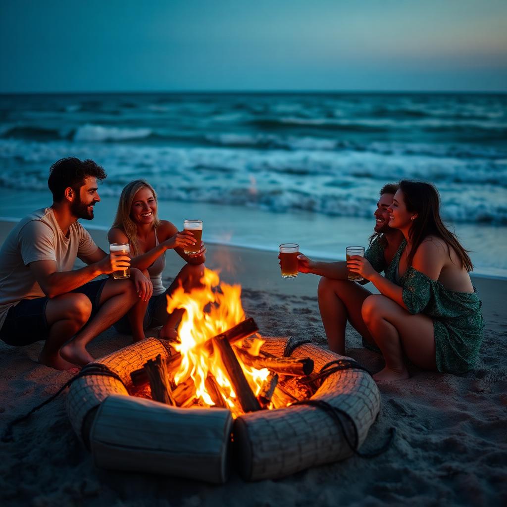 Non-alcoholic beer guide — friends enjoying craft NA beers at a San Diego beach bonfire