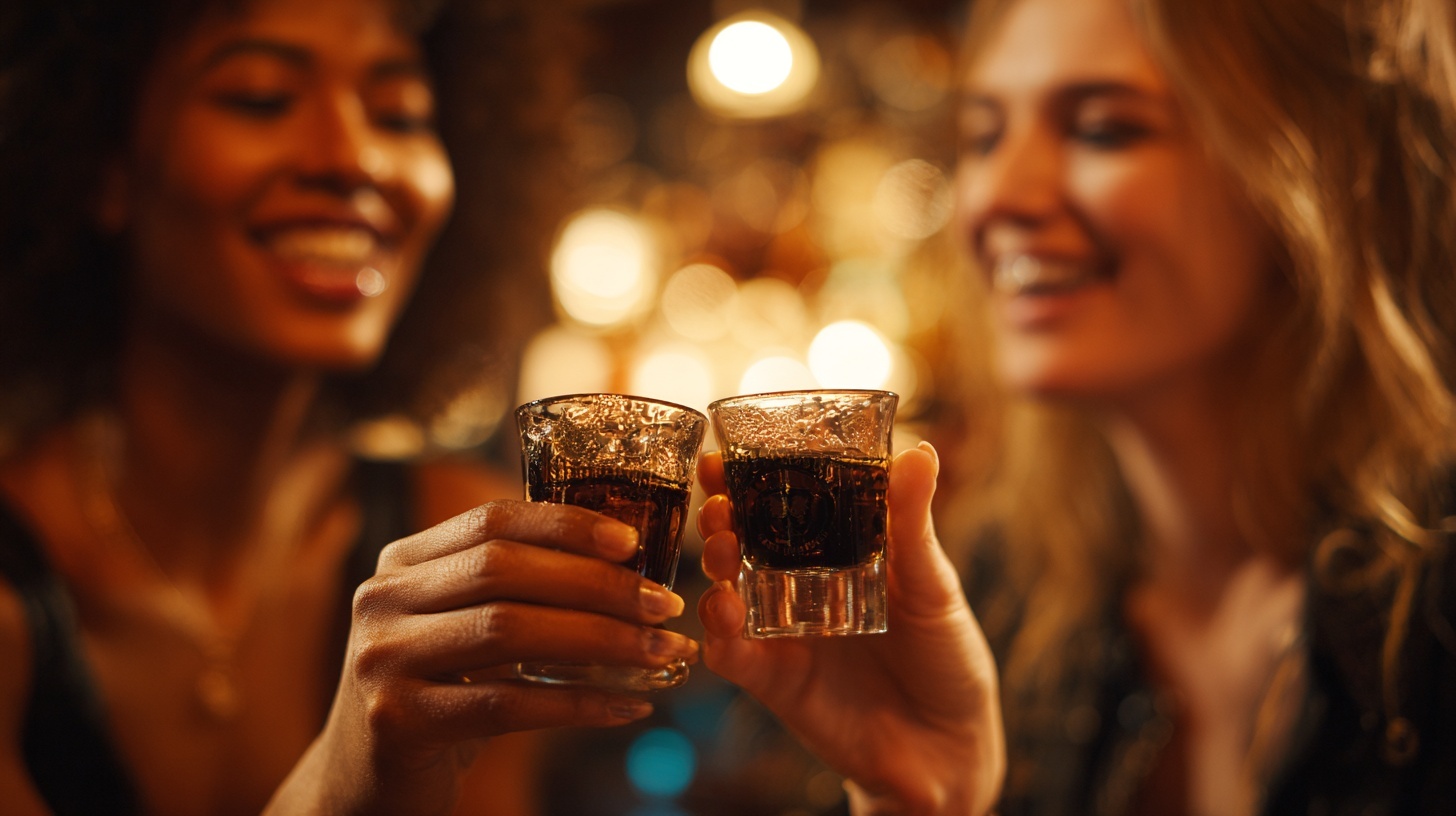 Friends cheering with non-alcoholic drinks at Monday Morning Bottle Shop