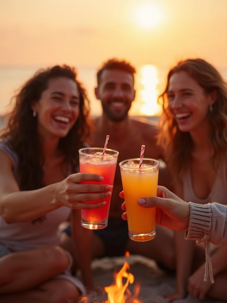 Friends toasting with non-alcoholic drinks on the beach in San Diego