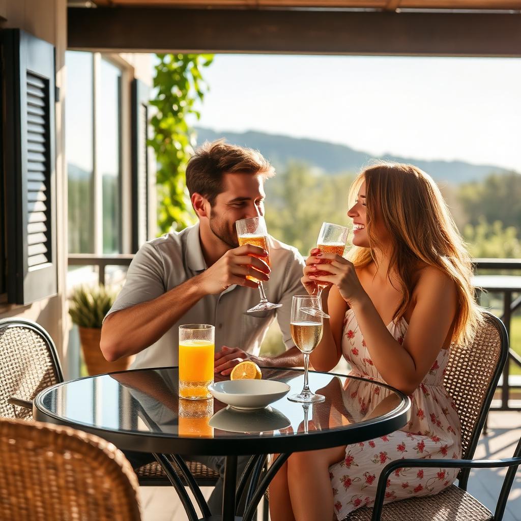 Couple enjoying non-alcoholic morning drinks on a patio in San Diego
