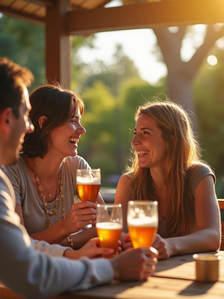 Couple relaxing with non-alcoholic beers on a cozy patio evening